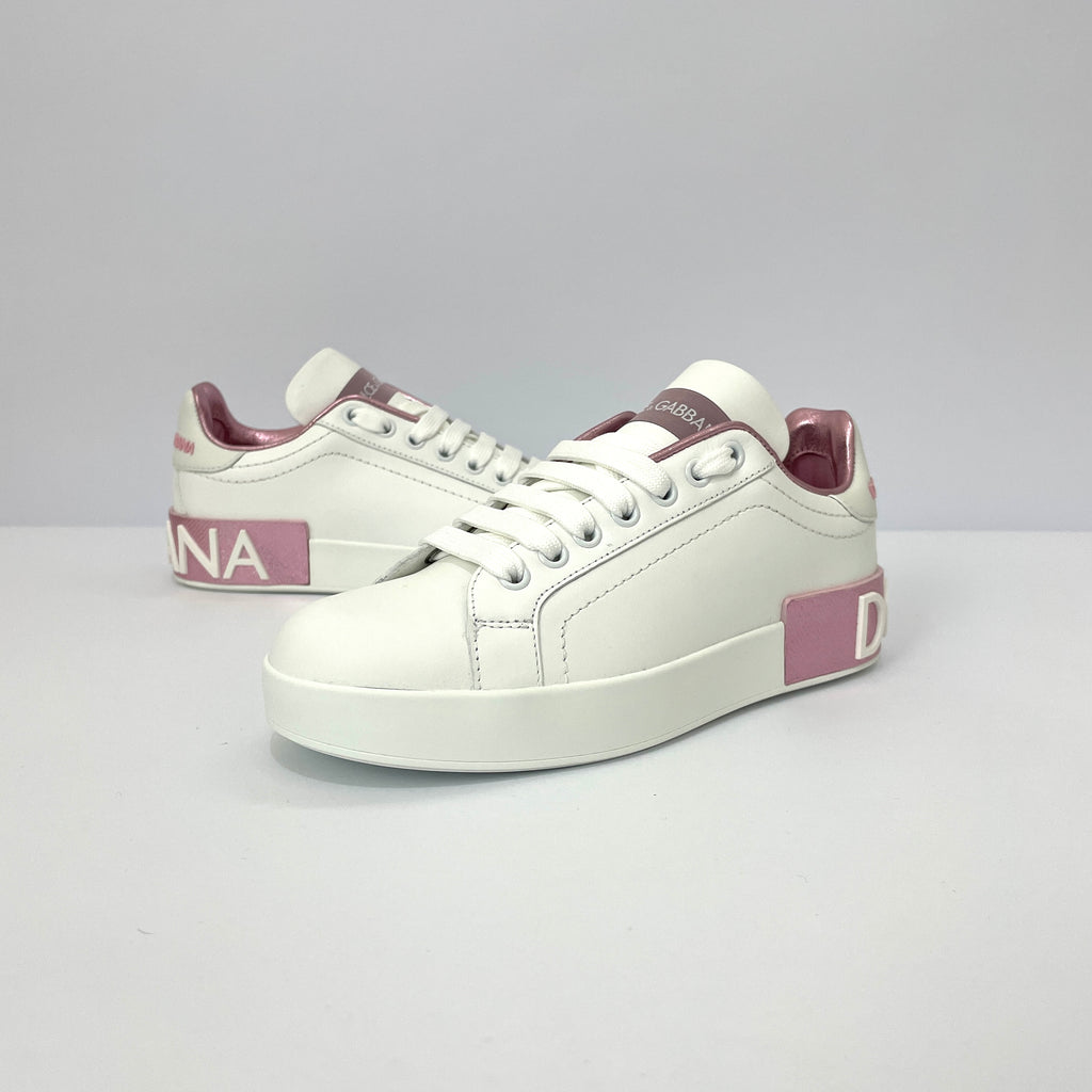 Dolce & Gabbana Portofino Sneakers Blancos con Detalles Rosa Metálico