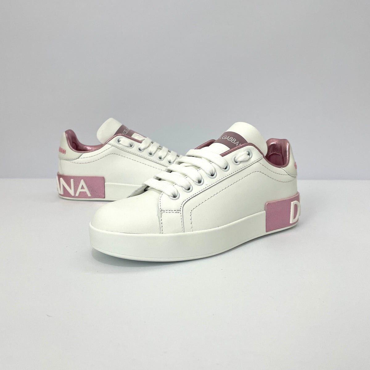 Dolce & Gabbana Portofino Sneakers Blancos con Detalles Rosa Metálico