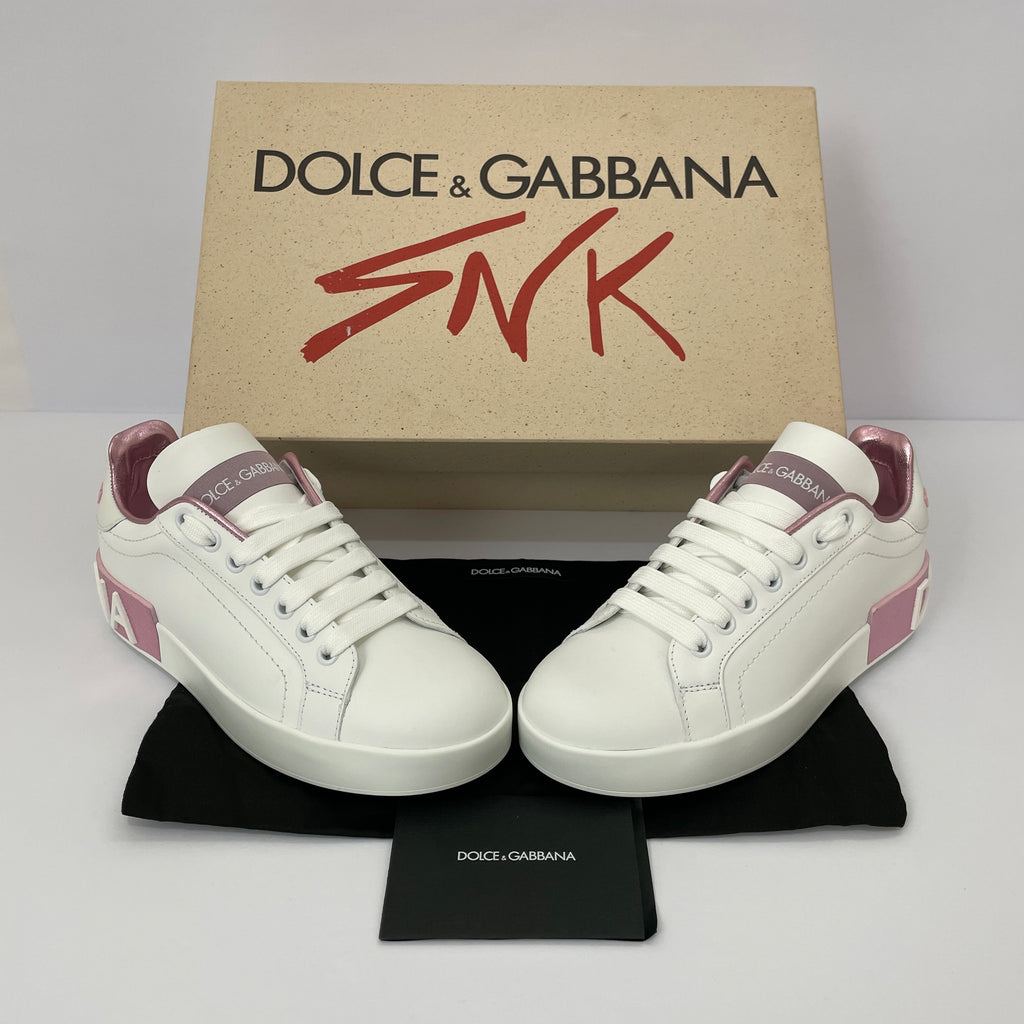 Dolce & Gabbana Portofino Sneakers Blancos con Detalles Rosa Metálico