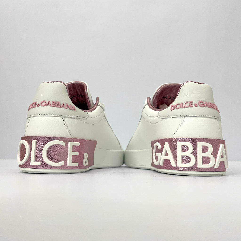 Dolce & Gabbana Portofino Sneakers Blancos con Detalles Rosa Metálico