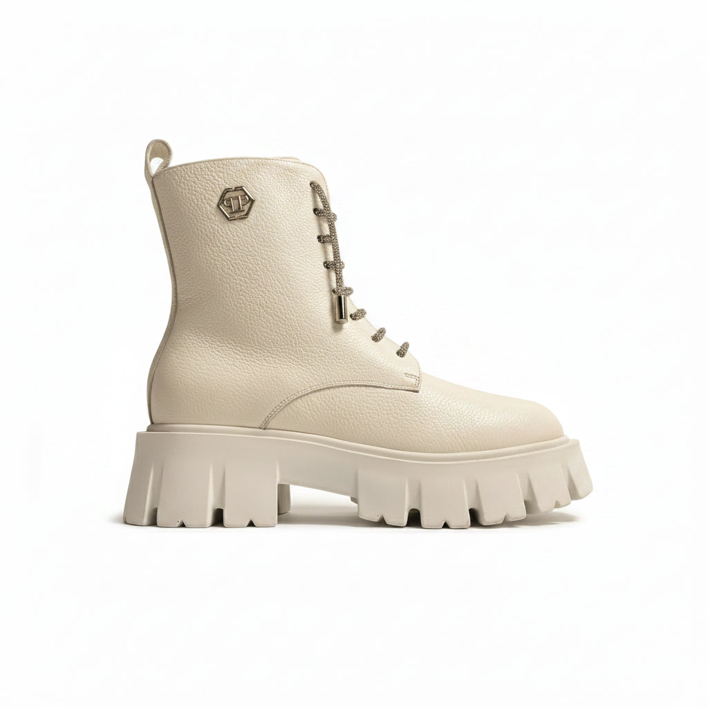 Philipp Plein- Botas Blancas de Cuero con Cordones y Detalles Diamante