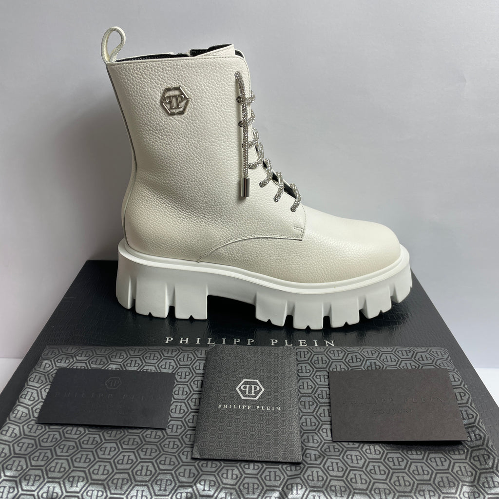 Philipp Plein- Botas Blancas de Cuero con Cordones y Detalles Diamante